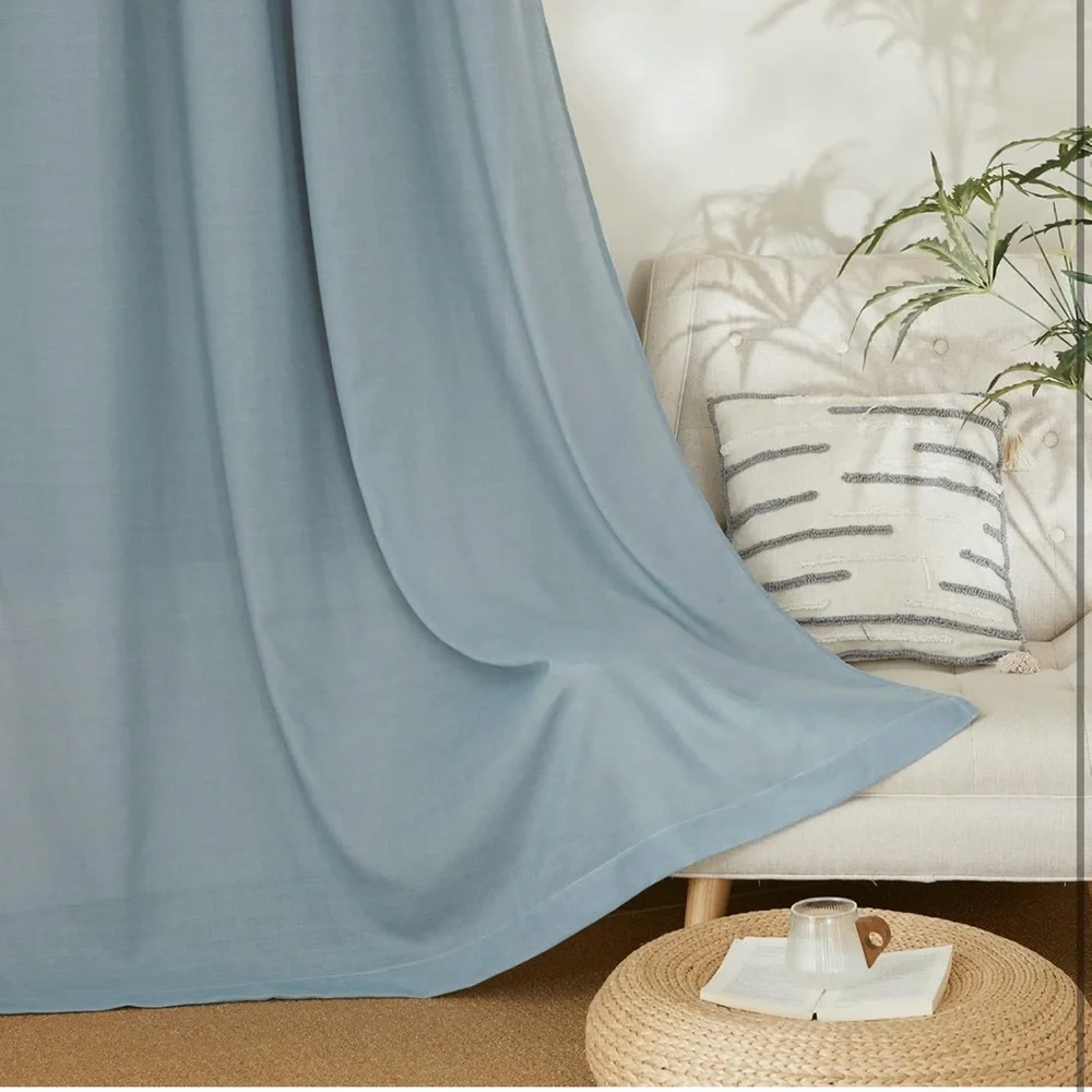 Blue Thick Linen Stone Blue Curtains for Living Room, Back Tab W55 x L84 2 P